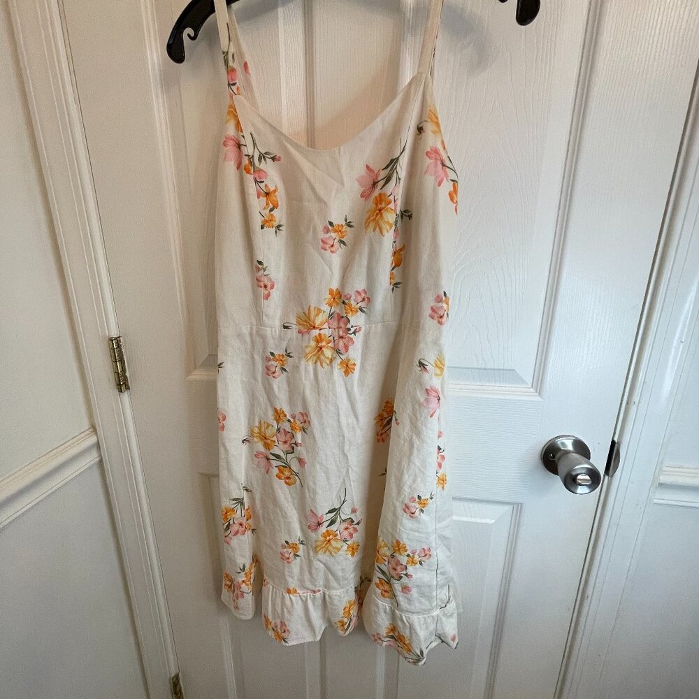 Old Navy Cami Sundress White Floral Linen Blend Adjustable Straps Ruffle Hem M